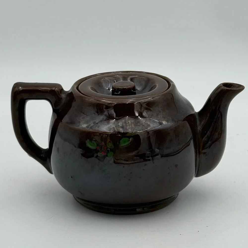 Vintage Made in Japan Brown Glazed Ceramic Floral Teapot Hand Painted 4.5 Inch